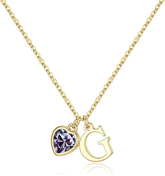 Turandoss Valentines Day Gifts for Her Trendy, Dainty 14K Gold Plated Initial A-Z Heart Birthstone Pendant Necklace Personalized Bridesmaid Birthday Valentines Jewelry Gifts for Women Girls