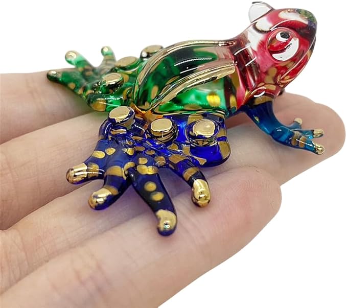 WitnyStore 2" Green Blue Red Gold Frog Artistic Blown Glass Figurine Premium Hand-Blown Statue Tabletop Decoration Unique Collectible for Adult Collectors Handcrafted Elegant Home Room Decor