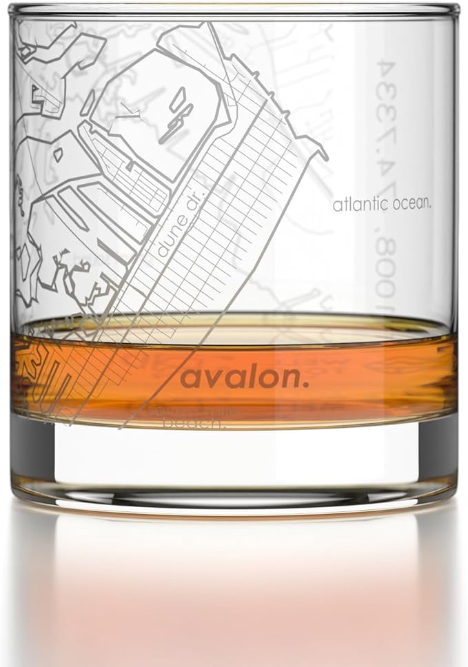 Well Told Engraved Avalon New Jersey Map Rocks Glass, Old Fashioned Glassware (11 oz, Clear) Etched Bourbon Tumbler, Gifts For Whiskey Lovers