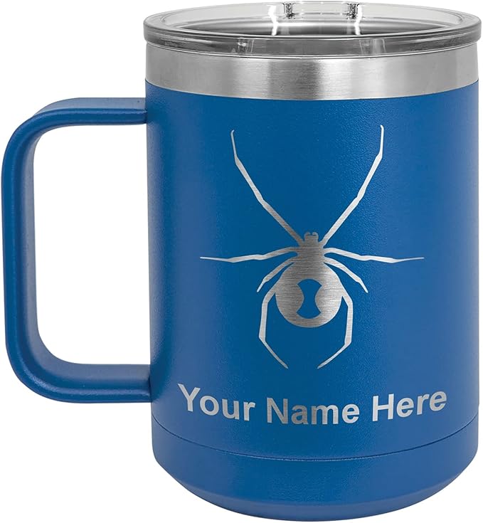 LaserGram 15oz Vacuum Insulated Coffee Mug, Widow Spider, Personalized Engraving Included (Dark Blue)