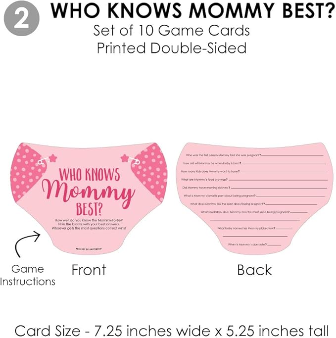 Big Dot of Happiness Baby Girl - 4 Pink Baby Shower Games - 10 Cards Each - Who Knows Mommy Best, Mommy or Daddy Quiz, What’s in Your Purse and Oh Baby - Gamerific Bundle