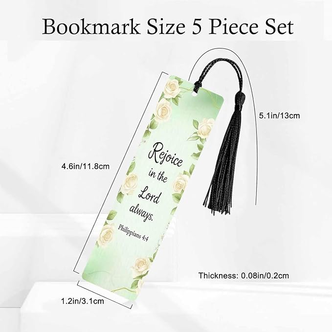 White Flowers Bookmarks 5 Pcs with Tassels Rejoice Bible Word Green Wooden Bookmarks for Reading Women Students Teacher Reader