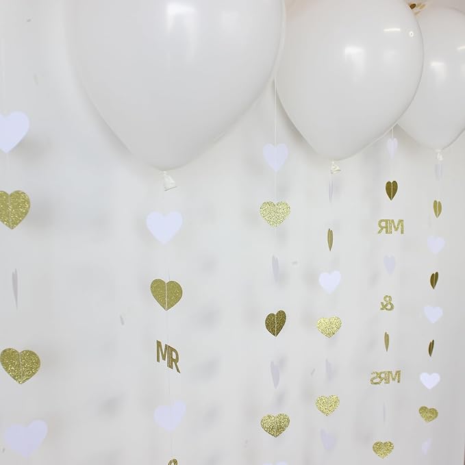 Gold Wedding Party Decorations Gold/White Heart Mr and Mrs Garland with Balloons for Bridal Shower Engagement Bachelorette Party