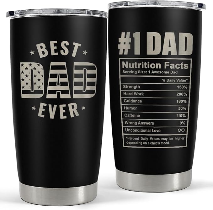 SANDJEST Best Dad Ever Tumbler with Lid - Dad Nutrition Facts 20oz Insulated Stainless Steel Mug - Coffee Mug for Travel Outdoor Sport Office, Gift for Father’s Day Birthday