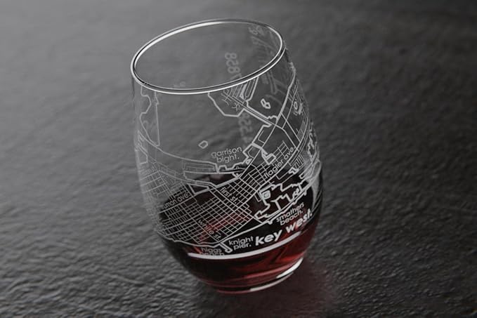 Well Told Engraved Key West Florida Map Stemless Wine Glass, Etched Glass (15 oz, Clear) City Custom Gifts for Lovers