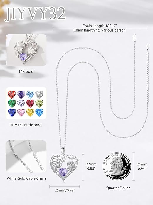 Mother and Daughter/Son Love Heart Necklace White Gold/14K Gold/Rose Gold Birthstone Jewelry Christmas Mothers Day Birthday Gifts For Mom Wife Grandma Women