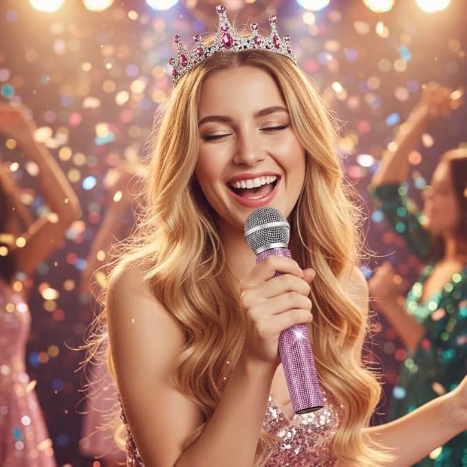Bling Fake Microphone Prop and Crystal Tiara – Sparkly Rhinestone Toy Mic & Crown Girls Cosplay, Princess Dress Up