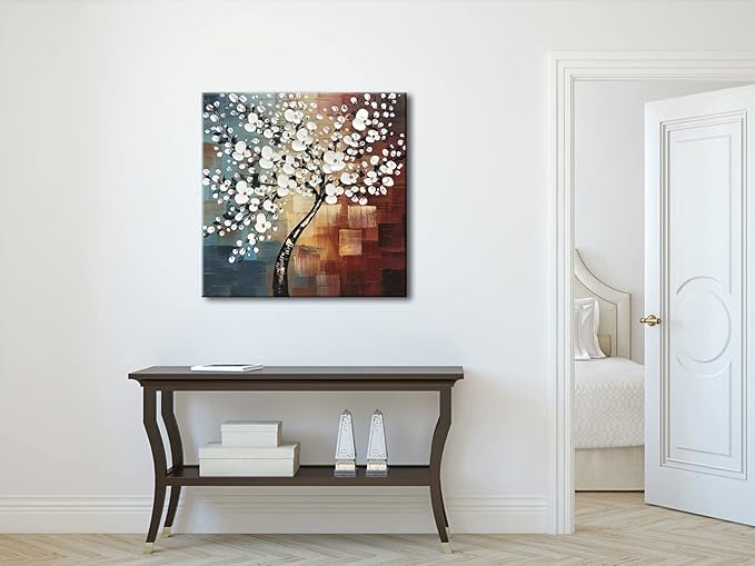 Wieco Art Large Modern Abstract White Flowers Oil Paintings on Canvas Wall Art Morning Glory 100% Hand Painted Floral Gallery Wrapped Artwork for Living Room Bedroom Home Office Decor