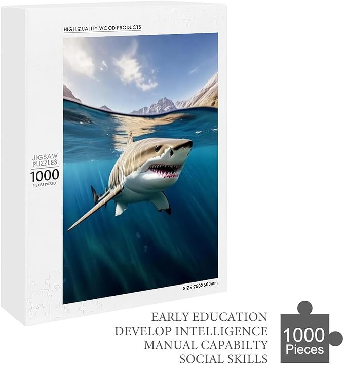 Puzzles for Adults 1000 Pieces Wooden Jigsaw Puzzle - Shark on The Water Theme Puzzle，Party Games，Family Toys，Educational Puzzles，Stress Relief Wooden Puzzle，Gifts for Family，Colleagues and Friends