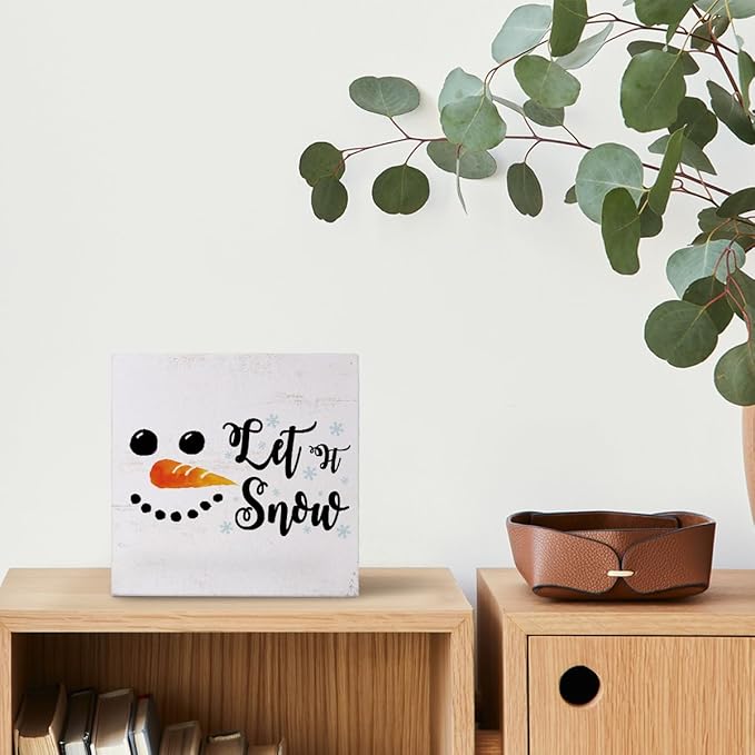 Mtrgdn Christmas Snowman Decor Sign,Winter Snowman Decorations Let's Snow Sign Wood Box Signs,Winter Christmas Signs for Home Bathroom Bedroom Kitchen Office Desk Table Shelf Wall Decor,5x5 Inch