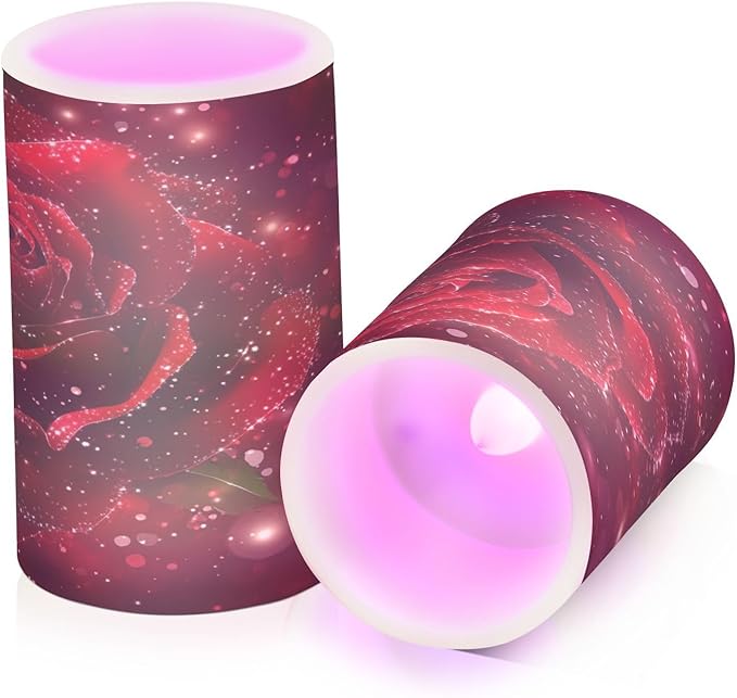 ALAZA Red Glitter Rose Floral Flowers Flickering Flameless Candles Battery Operated with Remote Timer,Tea Light Candles LED Pillar Votive Candles Set of 2 for Outdoor Indoor Decorations