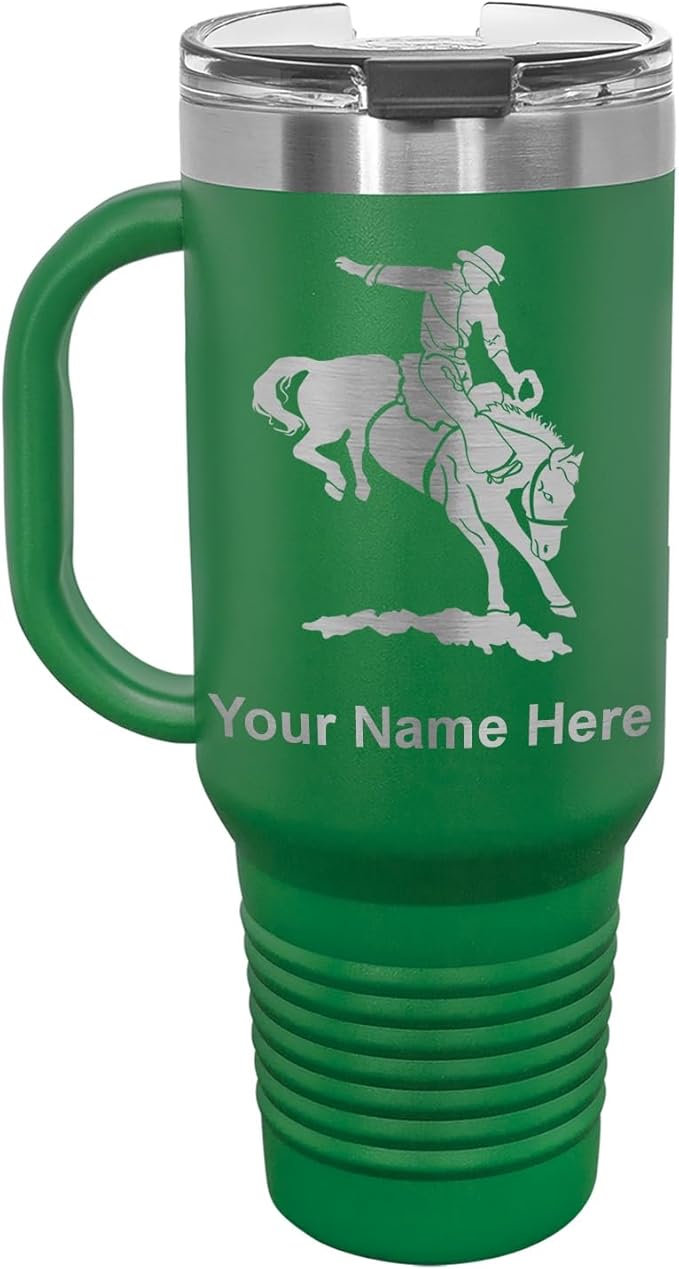 LaserGram 40oz Vacuum Insulated Travel Mug with Handle, Bronco Rider, Personalized Engraving Included (Green)