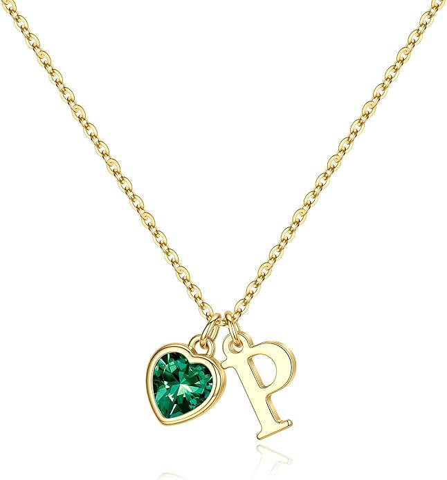 Turandoss Valentines Day Gifts for Her Trendy, Dainty 14K Gold Plated Initial A-Z Heart Birthstone Pendant Necklace Personalized Bridesmaid Birthday Valentines Jewelry Gifts for Women Girls