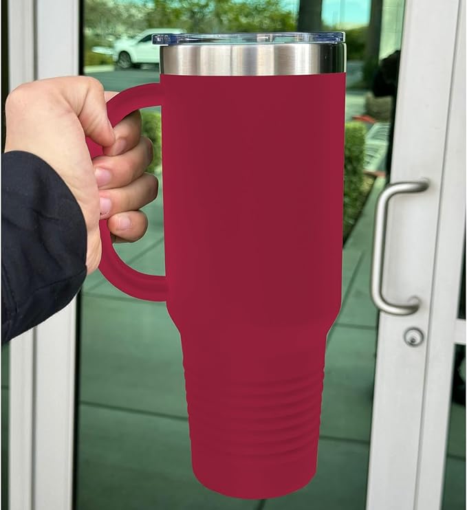 LaserGram 40oz Vacuum Insulated Travel Mug with Handle, Bronco Rider, Personalized Engraving Included (Maroon)