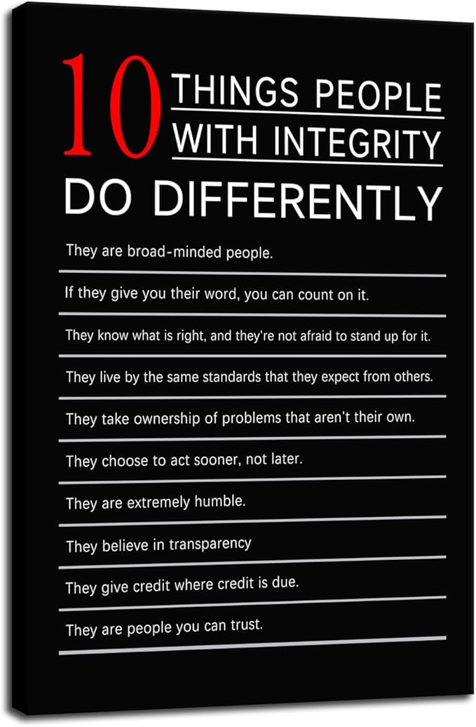 Inspirational Canvas Poster 10 Thing People with integrity do Differently Quotes Motivational Wall Art Prints Framed for Classroom Library Modern Home Wall Decor Framed Ready to Hang [24''W X 36''H]