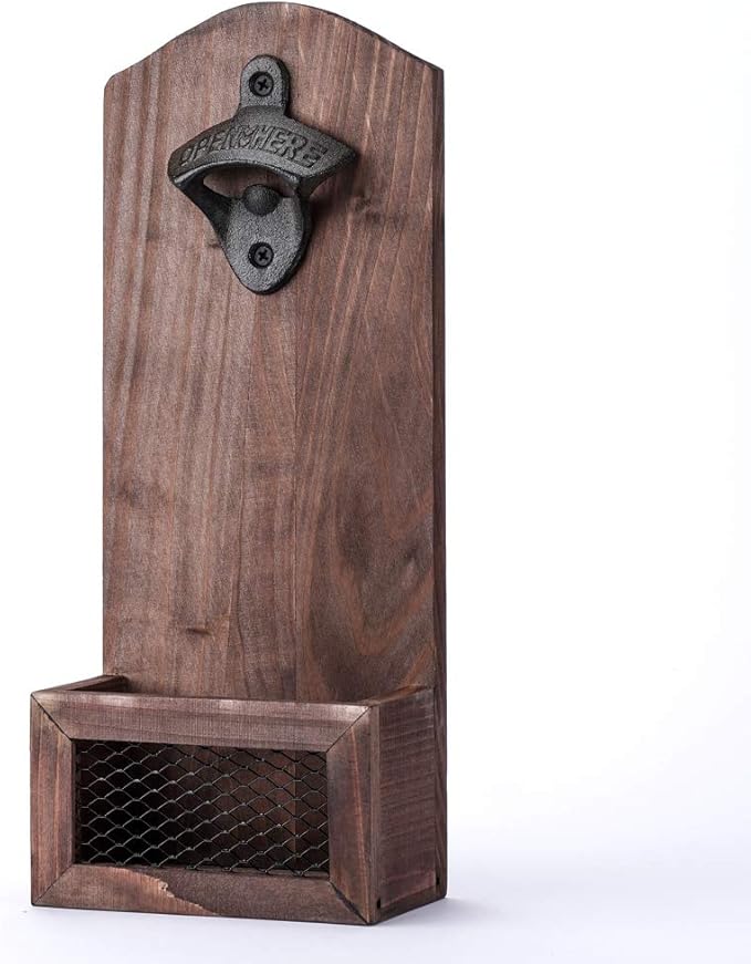 Bottle Opener with Cap Collector Catcher,Vintage Wooden Wall Mounted Bottle Opener，Ideal Gift for Men and Beer Lovers, Use as Bar Decoration.