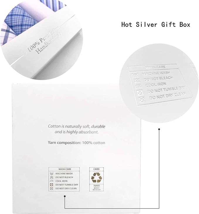 5 Pack Handkerchief Mens Cotton Luxury Hot Silver Gift Box Set, Vintage 40x40cm Fancy Design Pocket Square Hankie Gift Pack