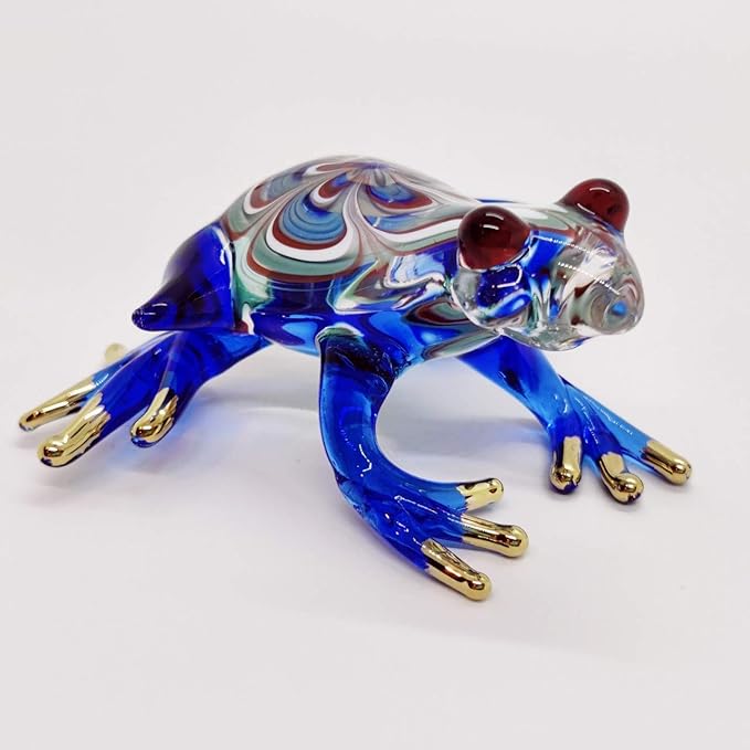 WitnyStore 2¾" Swirl Blue Red Frog Artistic Blown Glass Figurine Premium Hand-Blown Statue Tabletop Decoration Unique Collectible for Adult Collectors Handcrafted Elegant Home Room Decor