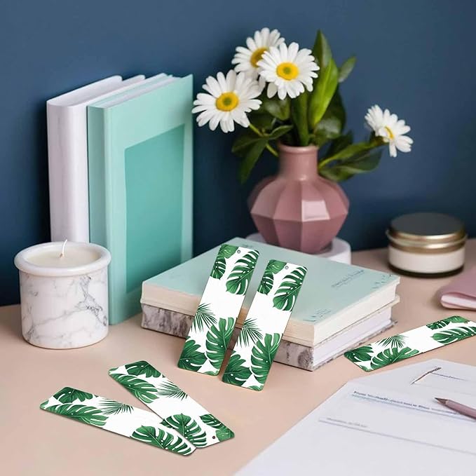 Tropical Leaves Bookmarks Set 5 with Tassels Summer Palm Green Leaf Wooden Bookmarks for Reading Women Men Students Teachers School Supplies