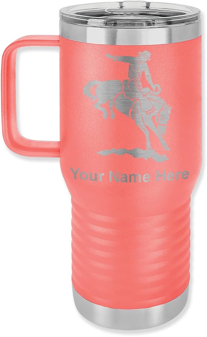 LaserGram 20oz Vacuum Insulated Travel Mug with Handle, Bronco Rider, Personalized Engraving Included (Coral)