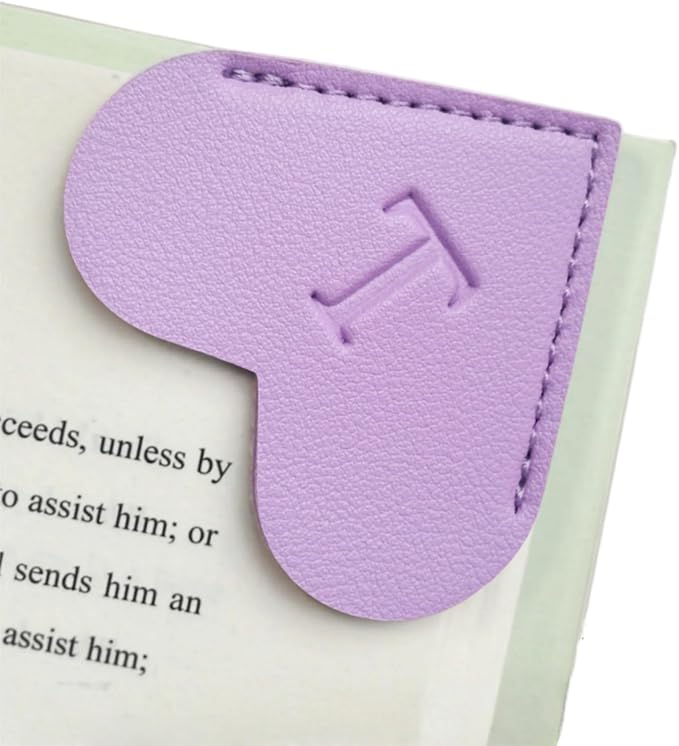 MOTEERLLU Personalized Leather Heart Bookmark with Initials, Handmade, Letter Cute Custom Corner Book Marks for Reading Women, Teachers, Students, Book Lovers, Book Accessories(Purple,T)