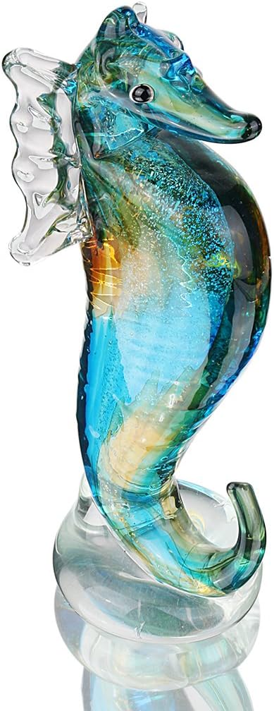QFkris 8" Handmade Blown Glass Blue Seahorse Figurines Collectible Art Glass Blown Animal Sculpture for Home Decor