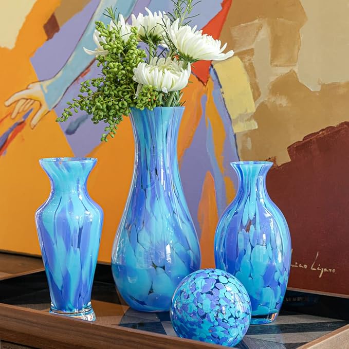 Ca D Oro Glass Vase Blue Confetti Effect Hand Blown Murano-Style Art Glass for Flower, Room Decoration and Centerpiece - Model Nº 83