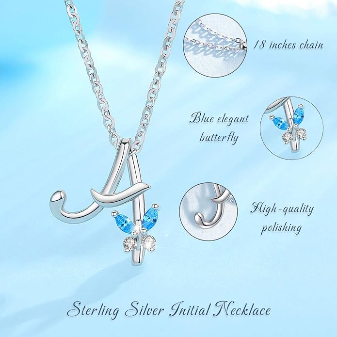 EUDORA Sterling Silver Butterfly Initial Necklaces for Women, Elegant Letter Neckles Personalized Gift for Mother, Sister, Daughter, 18 inch Chai