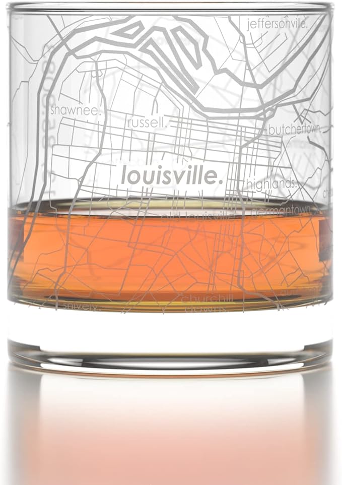 Well Told Engraved Louisville Kentucky Map Rocks Glass, Old Fashioned Whiskey Glass (11 oz, Clear) Etched Whiskey Glass, Gifts For Whiskey Lovers