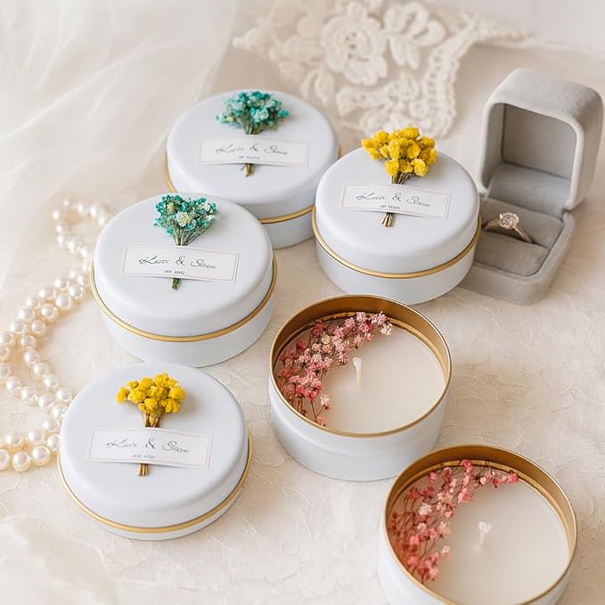 Personalized Natural Soy Wax Wedding Favor Candle Gift Set for Guest - Fall Winter Christmas Custom Dried Flower Bridal Baby Shower Gifts in Bulk (100 Pieces, Pink Flower)