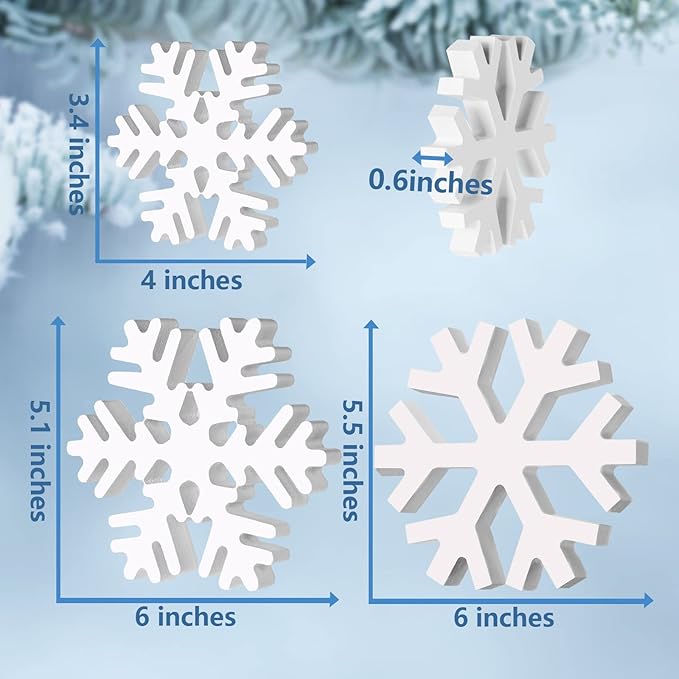Blulu 4 Pcs Winter Wooden Snowflakes Decor Tabletop Decorations Christmas Snowflake Signs Winter Wooden Xmas Standing Table Sign Christmas Fireplace Decoration for Party Birthday(White)