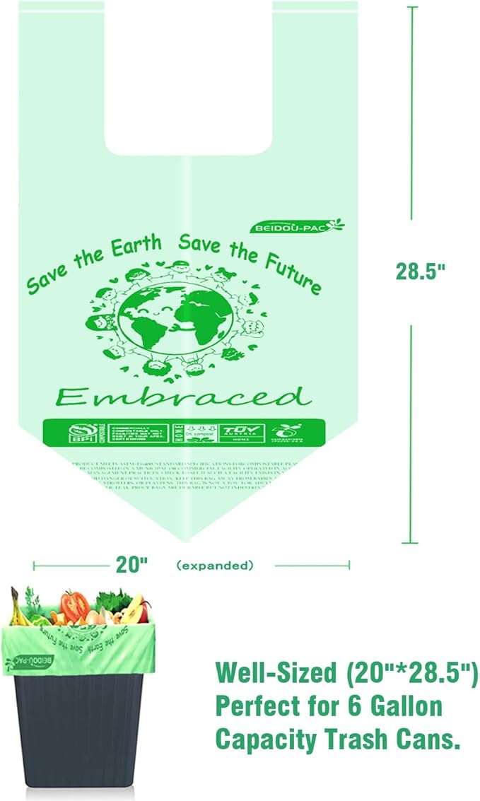 BEIDOU-PAC 4-6 Gallon Compostable Trash Bags, 75 Count, Kitchen Compost Bags With Handle, Sturdy Biodegradable Garbage for Food Scrap Waste, ASTM D6400, US BPI Certified