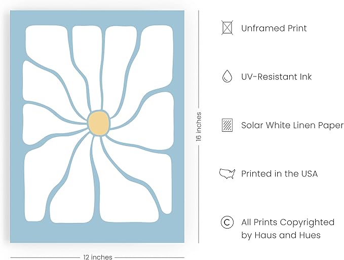 HAUS AND HUES Blue Aesthetic Daisy Artwork - Indie Posters for Room Aesthetic, Blue Posters for Room Aesthetic Posters, Indie Kid Room Posters, Trendy Posters, Danish Pastel Decor (Unframed, 12x16)