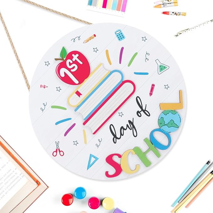 CHDITB First Day of School Sign Back to School Wooden Hanging Sign, Colorful Welcome School Party Outdoor Deco for Classroom Decorations Round 3D Book Wooden Plaque for Classroom Nursery Decor