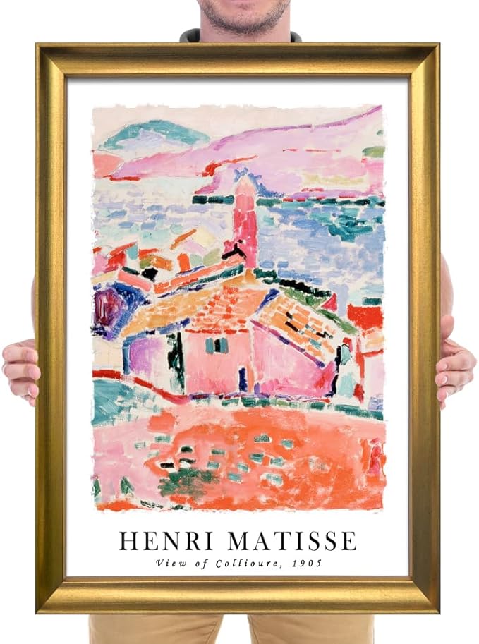 Wieco Art Large Framed Wall Art View of Collioure 1905 by Henri Mattise Abstract Colorful Art Matisse Posters Canvas Prints for Wall and Home Office Decorations Bronze Gold Frame