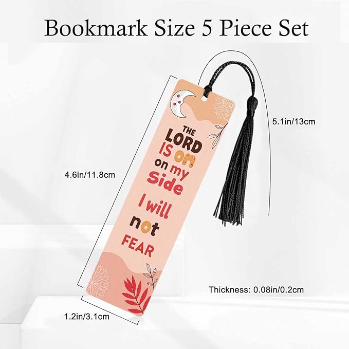 Bible Verse Christian Bookmarks Set 5 with Tassels Boho Moon Not Fear Pink Wooden Bookmarks for Reading Women Men Students Teachers School Supplies