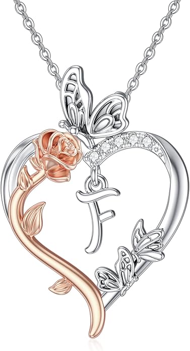TOUPOP Rose Heart Necklaces Gifts for Women 925 Sterling Silver Butterfly Heart Initial Necklace Anniversary Valentines Day Birthday Jewelry Gifts for Mom Her Wife Girlfriend Daughter