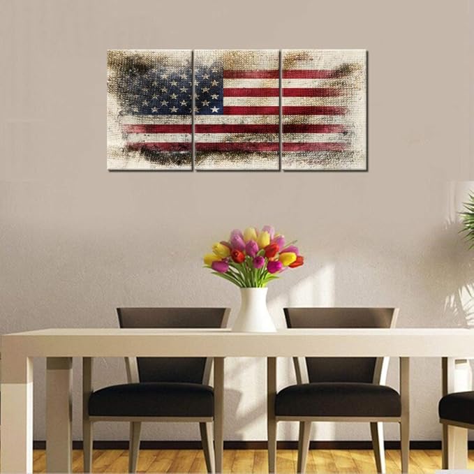 Native America Flag Pictures for Living Room USA Flags Grunge Paintings HD Prints Star Stripe Retro Wall Art on Canvas Patriotism Modern Artwork Wooden House Decor Framed Ready to Hang(42''Wx20''H)