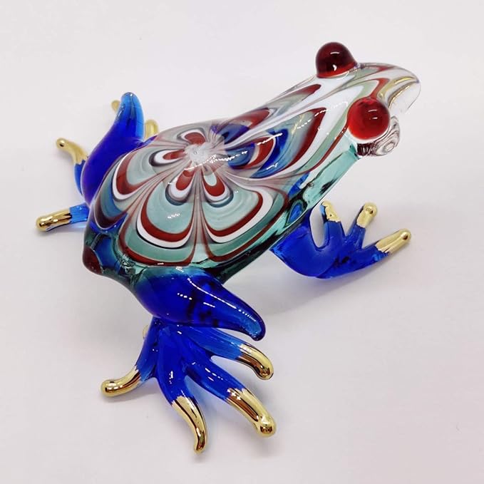WitnyStore 2¾" Swirl Blue Red Frog Artistic Blown Glass Figurine Premium Hand-Blown Statue Tabletop Decoration Unique Collectible for Adult Collectors Handcrafted Elegant Home Room Decor