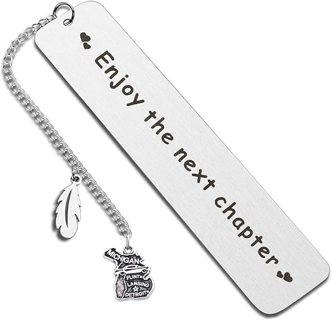 BRBAM Enjoy The Next Chapter Bookmark Personalized US State Map and Feather Pendant Bookmark Sweet Graduation Gift Retirement Gift (Michigan)