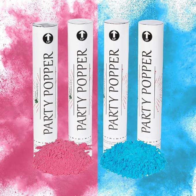 Clover Products Premium Gender Reveal Powder Cannon – 4 Pack Includes 2 Pink & 2 Blue | 12 Inch Gender Reveal Poppers | Compressed Air Powered | Each Box Contains a FREE “It’s a Girl & Boy“ Balloon..