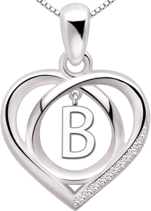ALOV Jewelry Sterling Silver Initial Letter Alphabet Love Heart Cubic Zirconia Pendant Necklace