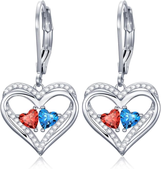 Heart Leverback Earrings Double Birthstone Dangle Earrings for Women, Love Jewelry for Her, Christmas Gifts for Women, Anniversary Birthday Gift for Mom Wife Girlfriend