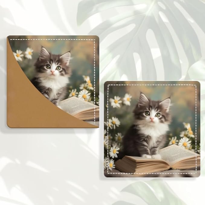 2PCS Leather Bookmarks 3.54 x 3.54 Inch Cute Gray Kitten with Flowers and Book Design Reading Accessories for Books Journals Bibles Travel Diary Students Teachers and Book Lovers Gift