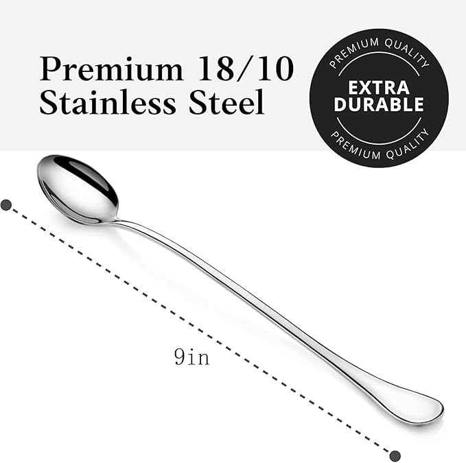Long-handled ice tea spoon, cocktail stir spoons, stainless steel coffee spoons, ice cream scoop Set of 8 (9 IN)