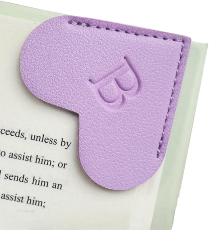 MOTEERLLU Personalized Leather Heart Bookmark with Initials, Handmade, Letter Cute Custom Corner Book Marks for Reading Women, Teachers, Students, Book Lovers, Book Accessories(Purple,B)