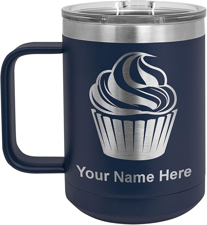 LaserGram 15oz Vacuum Insulated Coffee Mug, Cup Cake, Personalized Engraving Included (Navy Blue)