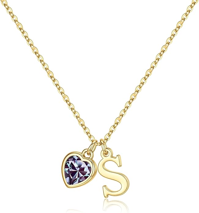 Turandoss Valentines Day Gifts for Her Trendy, Dainty 14K Gold Plated Initial A-Z Heart Birthstone Pendant Necklace Personalized Bridesmaid Birthday Valentines Jewelry Gifts for Women Girls