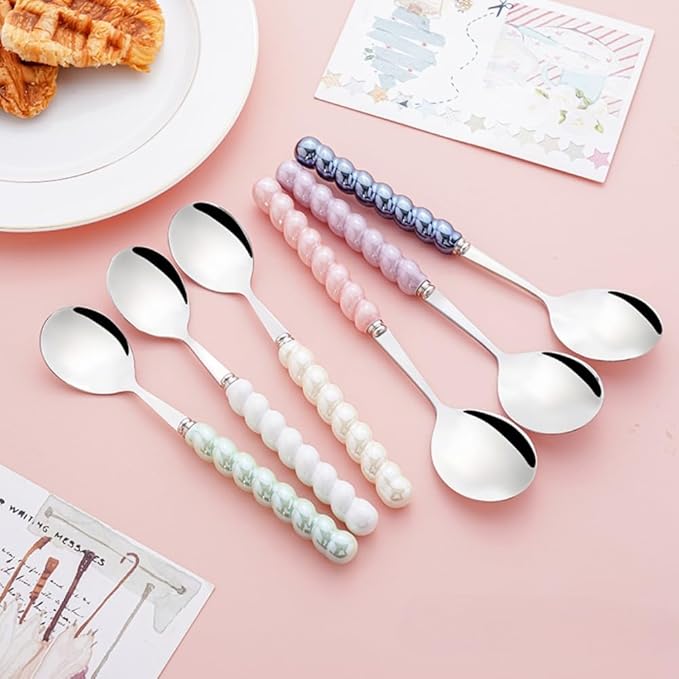 (6 Pieces) 7.48 Inch Exquisite Ceramic Spoon Household Stainless Steel Eating and Drinking Soup Spoon Coffee Spoon Tea Spoon (Mixed)