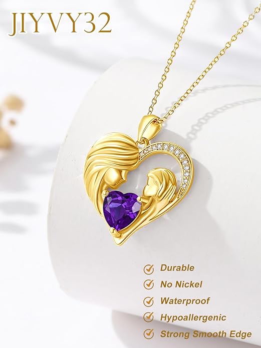 Mother and Daughter/Son Love Heart Necklace White Gold/14K Gold/Rose Gold Birthstone Jewelry Christmas Mothers Day Birthday Gifts For Mom Wife Grandma Women